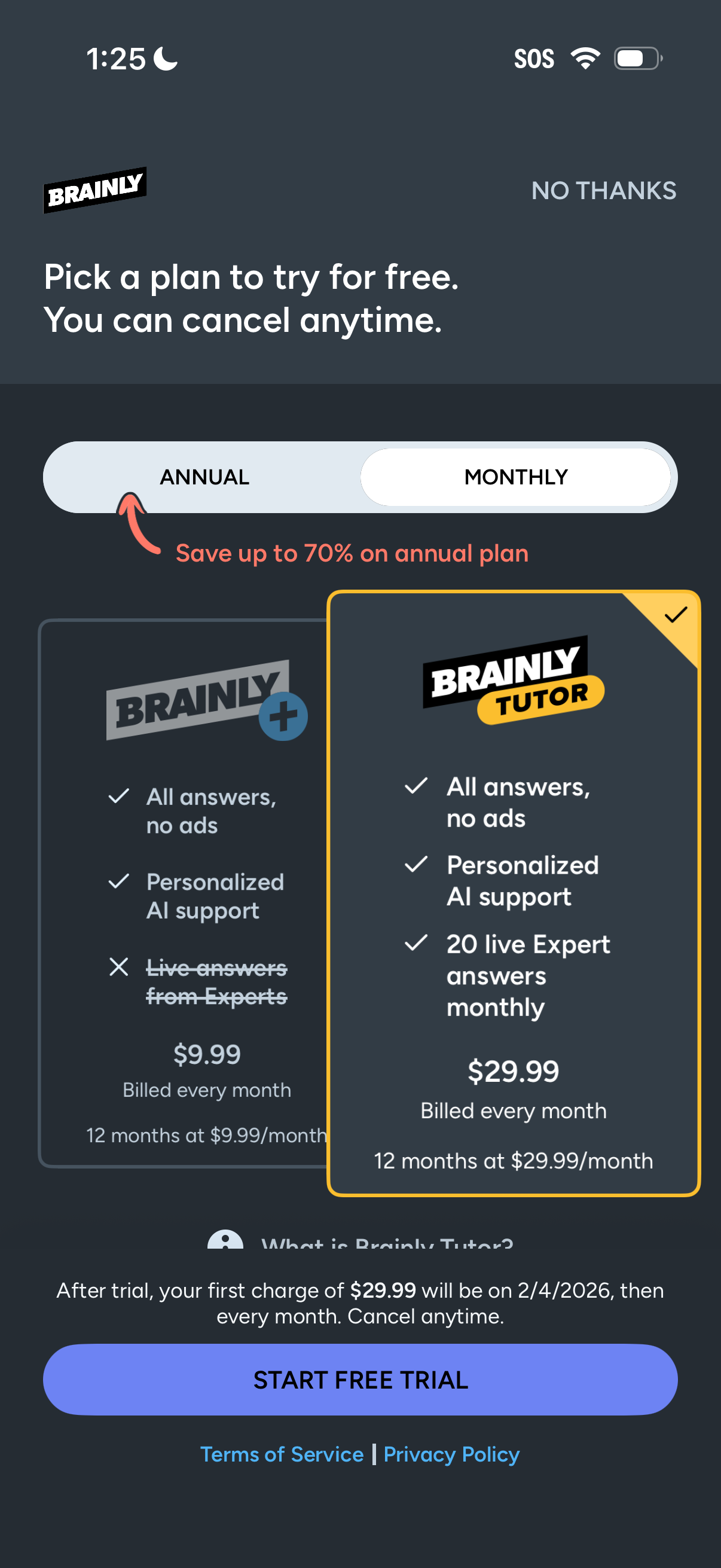 brainly pricing screenshot